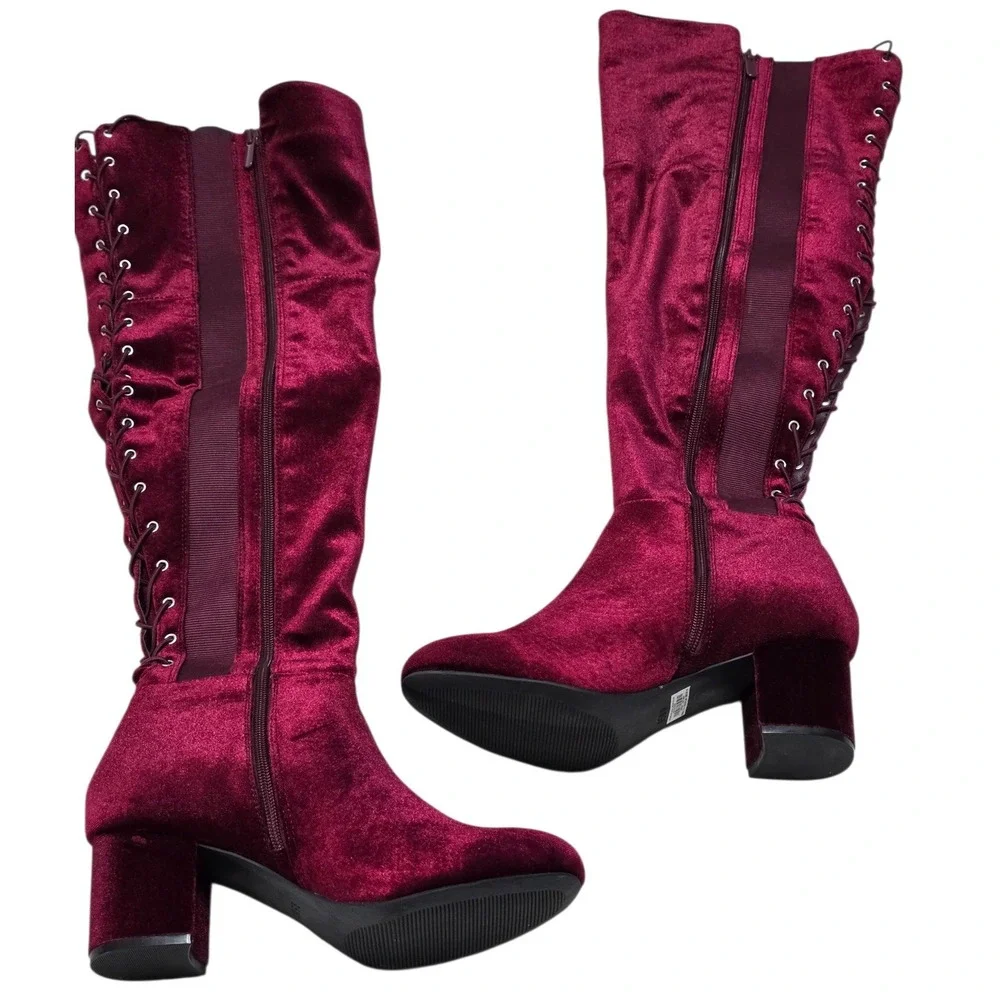 Torrid Burgundy Velvet Lace Up Back Over The Knee Boots Wide Width 9.5W 15870520
